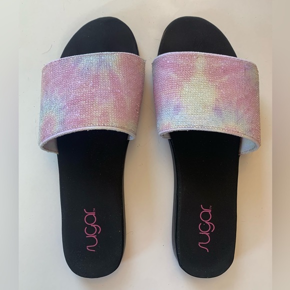 SUGAR SAHARA POOL SLIDE SANDAL White/Silver/Pink Rhinestone Rubber Sole Sz9 NWOT - Picture 2 of 8